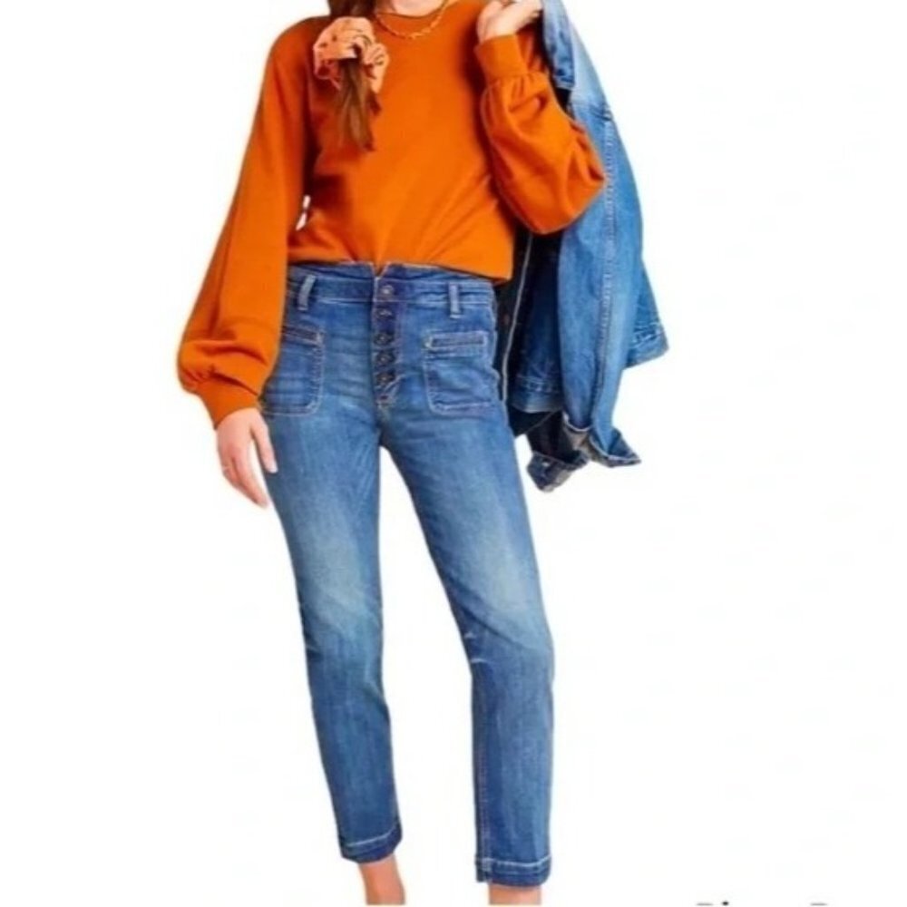 Pilcro Anthropologie High Rise Slim Button Fly Medium Wash Denim Jeans Petite 24